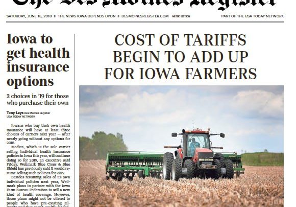 Des Moines Register: “China Tariffs Could Cost Iowa Farmers Up to $624 million”