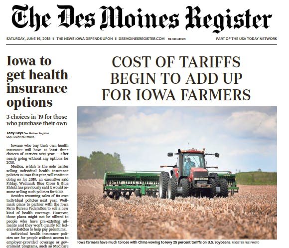 Des Moines Register: “China Tariffs Could Cost Iowa Farmers Up to $624 million”