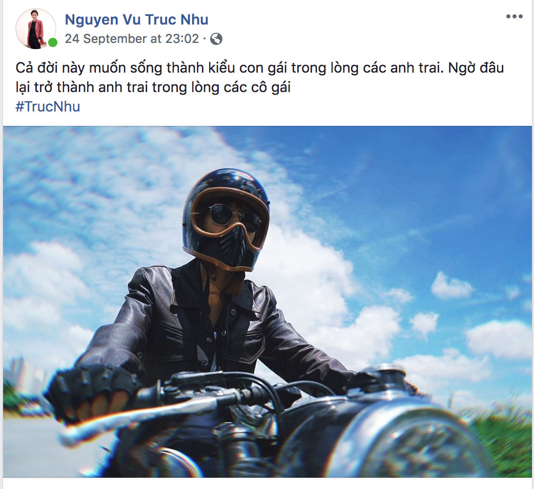 Truc Nhu's Facebook post, where she is dressed in a leather jacket and a helmet, and is riding a motorcycle. The caption is translated by executive producer Anh-Thu Nguyen: 