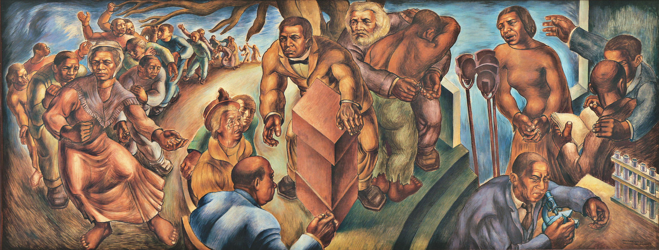 Charles White (American, 1918-1979). Five Great American Negroes. 1939. Oil on canvas, 60 x 155″ (152.4 x 393.7 cm). From the Collection of the Howard University Gallery of Art, Washington D.C.© The Charles White Archives/ Photo: Gregory R. Staley