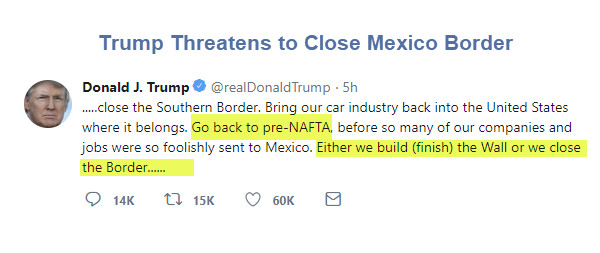 Trump Threatens to Close Border “Entirely” and Return to “Pre-NAFTA” if No Wall