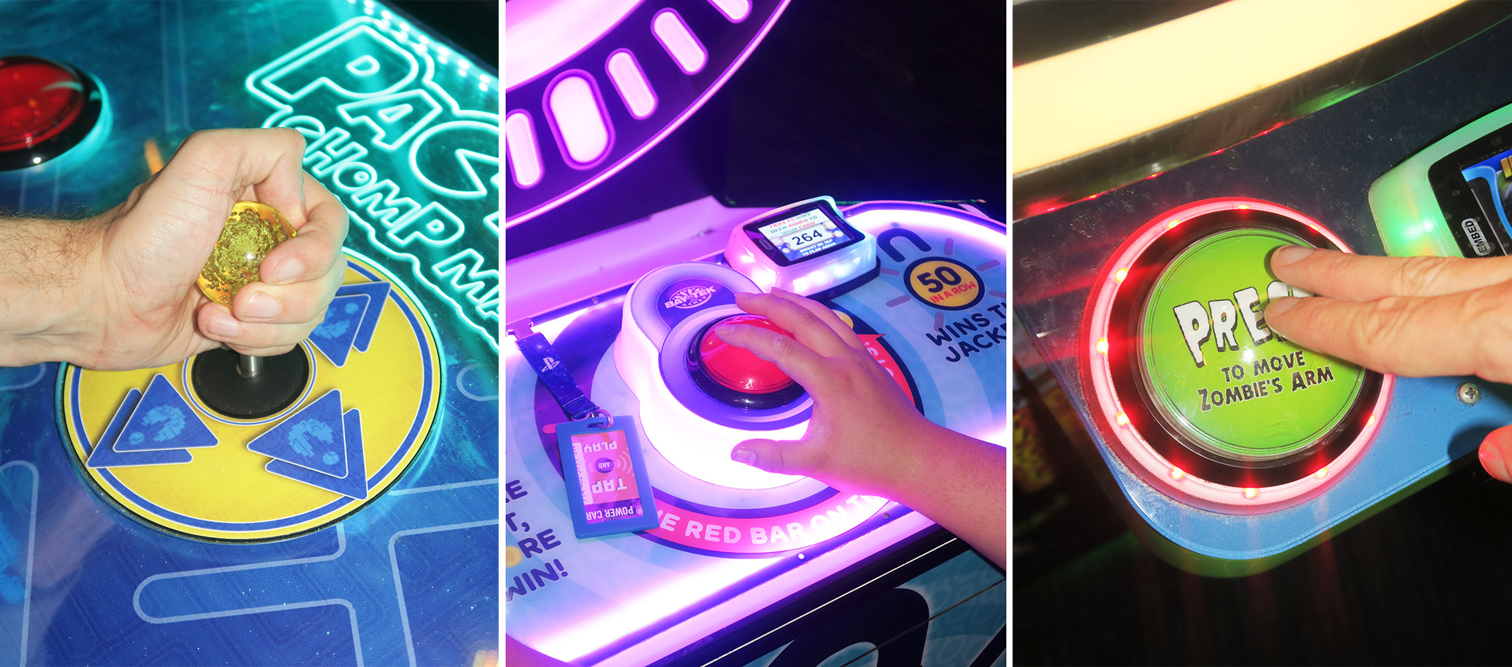 A split image showing three close ups of hands playing arcade games