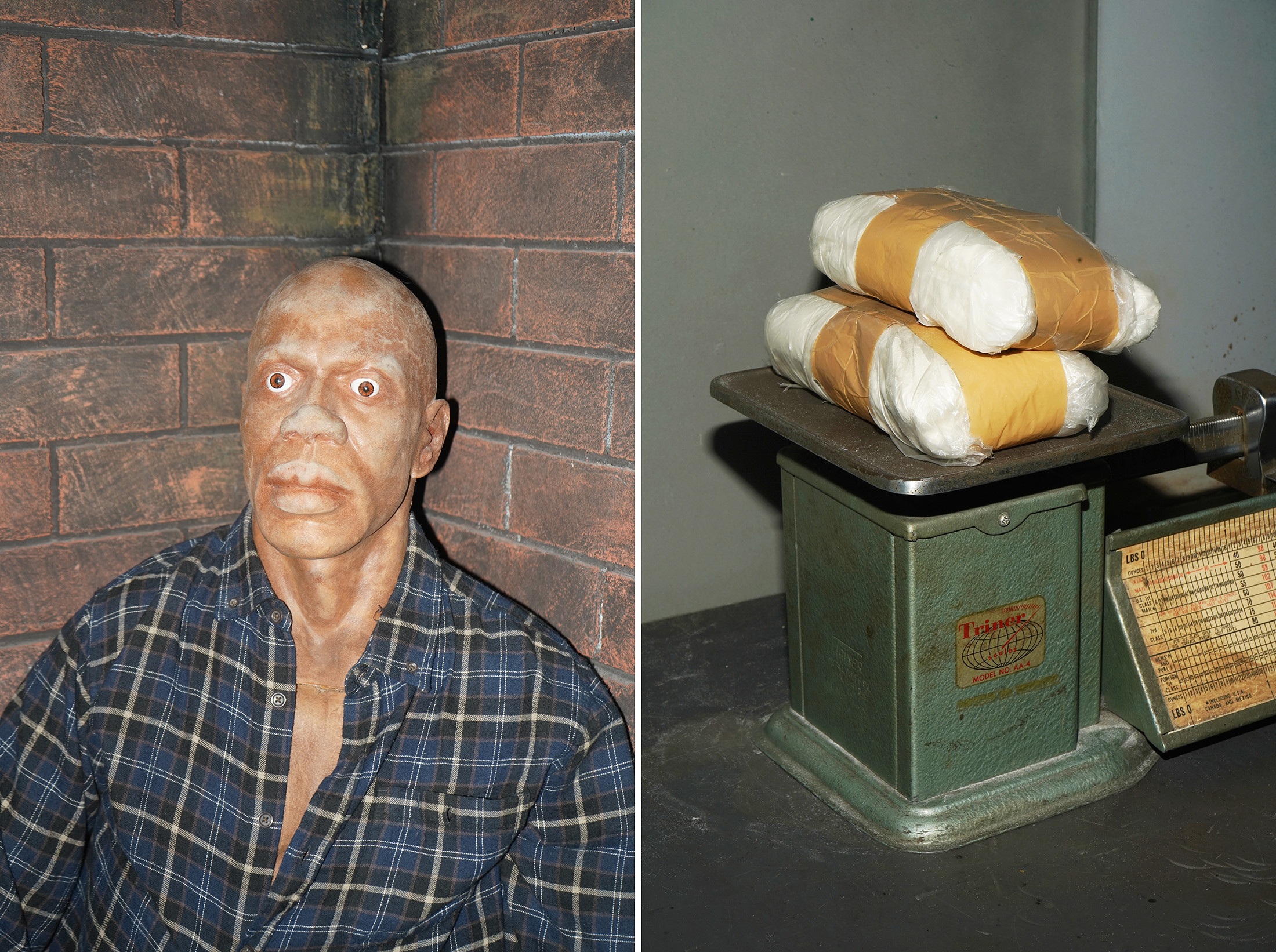 A split-screen image showing a model of a corpse on the left, and two bags of presumably fake cocaine on a scale on the right