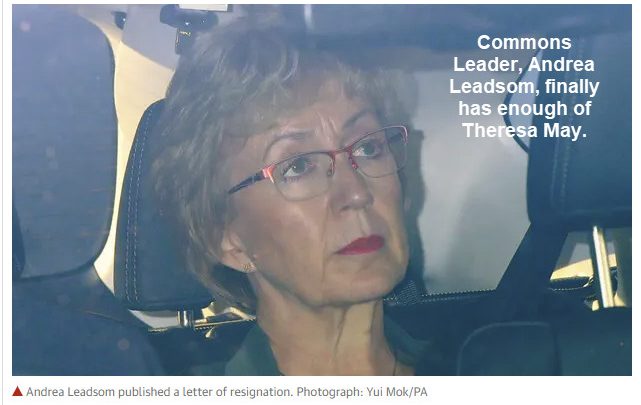 Commons Leader, Andrea Leadsom, Resigns Over Theresa May’s Brexit bill