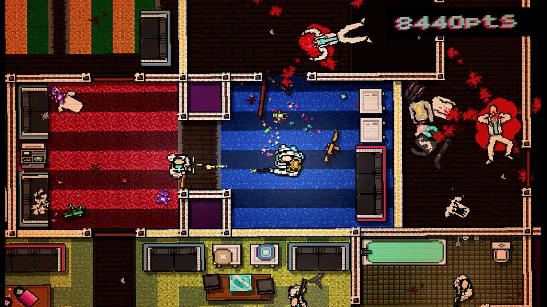 Jacket in Hotline Miami slaughters a floor full of people, bodies in white linen suits lying in pixelated pools of blood against a clashing, primary-color palette.