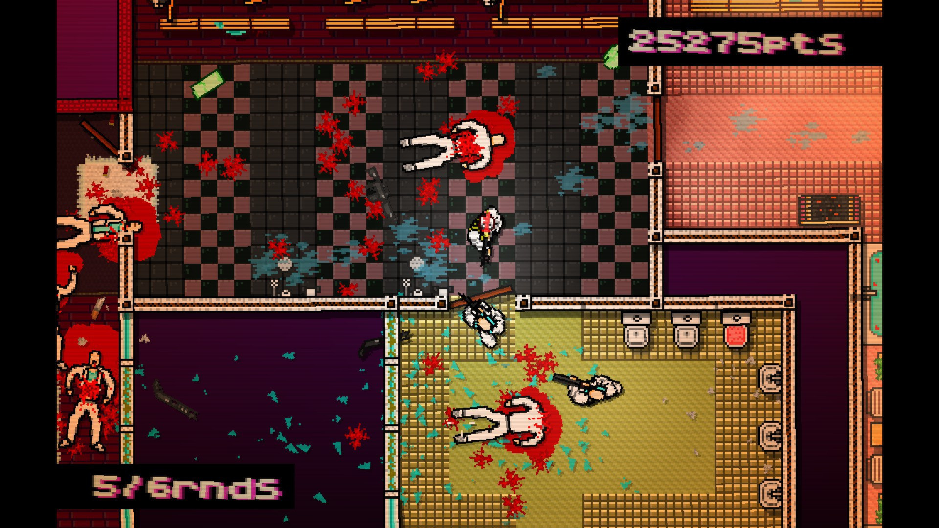 Hotline Miami depicts of a scene of bloody ultra-riolence as characters lie scattered in around a bathroom in a scene meant to discomfit and critique.