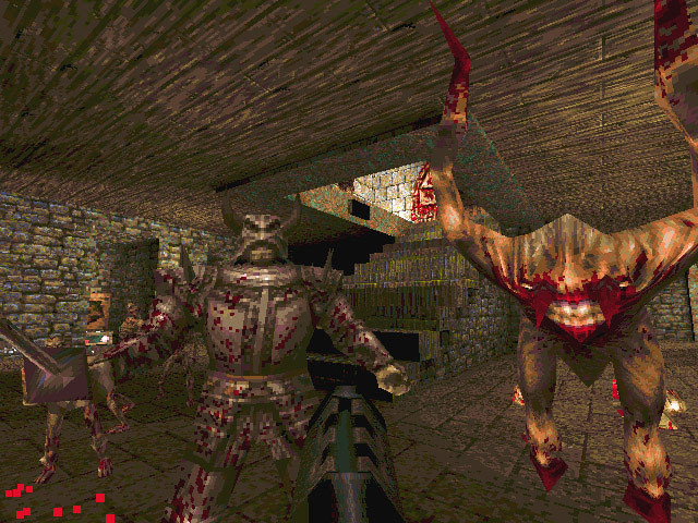 A blurry, pixelated medieval knight stands next to a hideous but nonsensically angular creature comprised of crude polygons in the original Quake, which was extreme for its day.