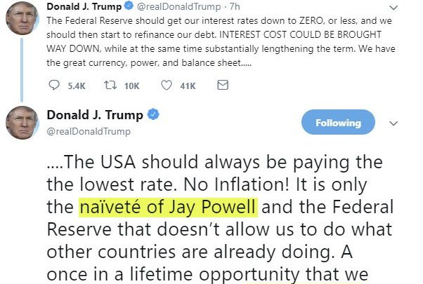 Trump Calls Jerome Powell and the Fed “Naive Boneheads”