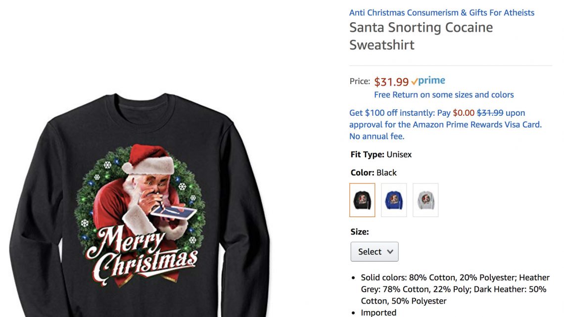Amazon Is Still Selling Festive Christmas Sweaters Showing Santa Doing Cocaine