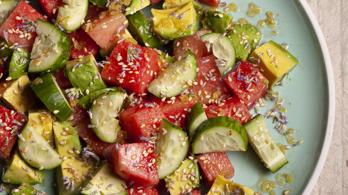 Watermelon, Avocado, and Cucumber Salad with Lemon and Sesame Dressing Recipe