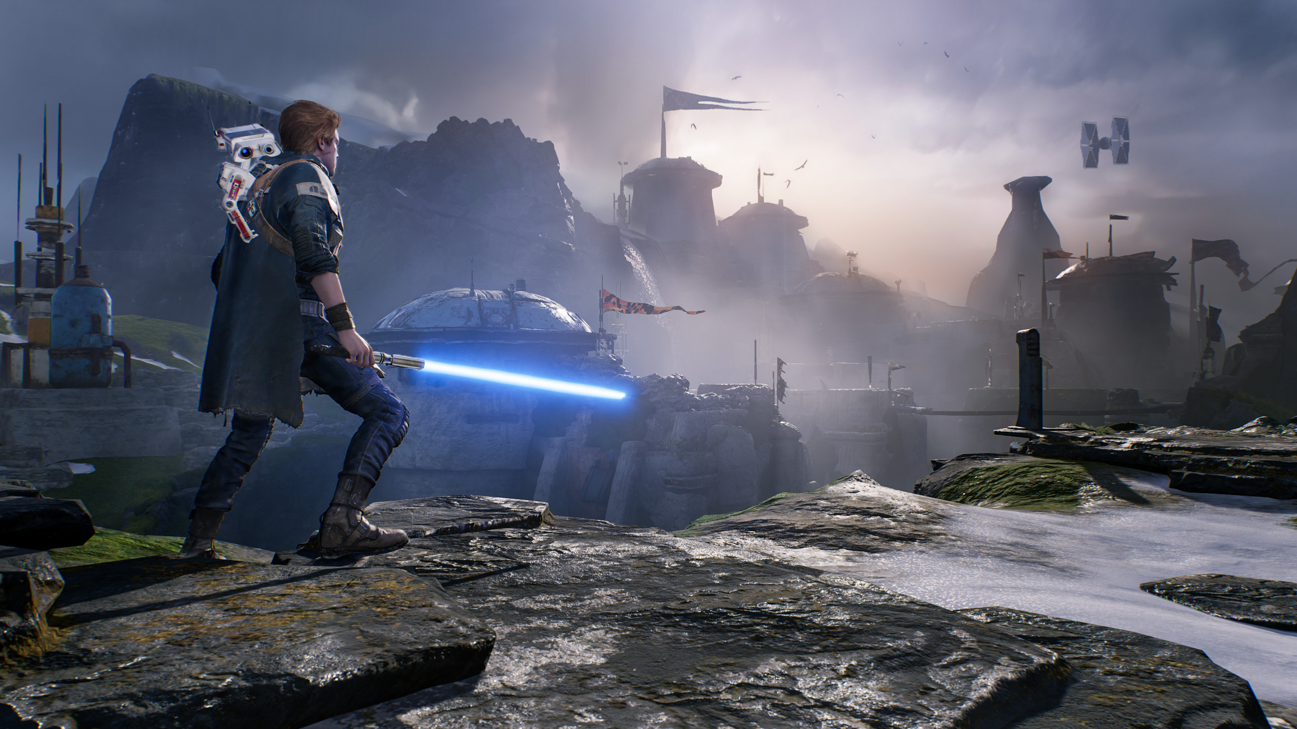 The main character from Jedi Fallen Order looking across a cavern.